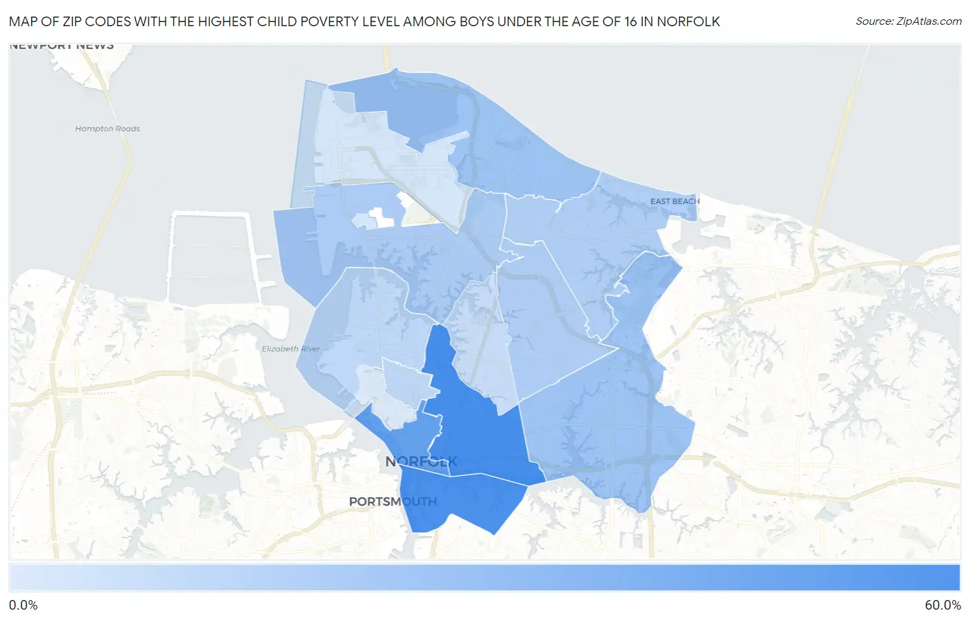 Zip Codes with the Highest Child Poverty Level Among Boys Under the Age of 16 in Norfolk Map