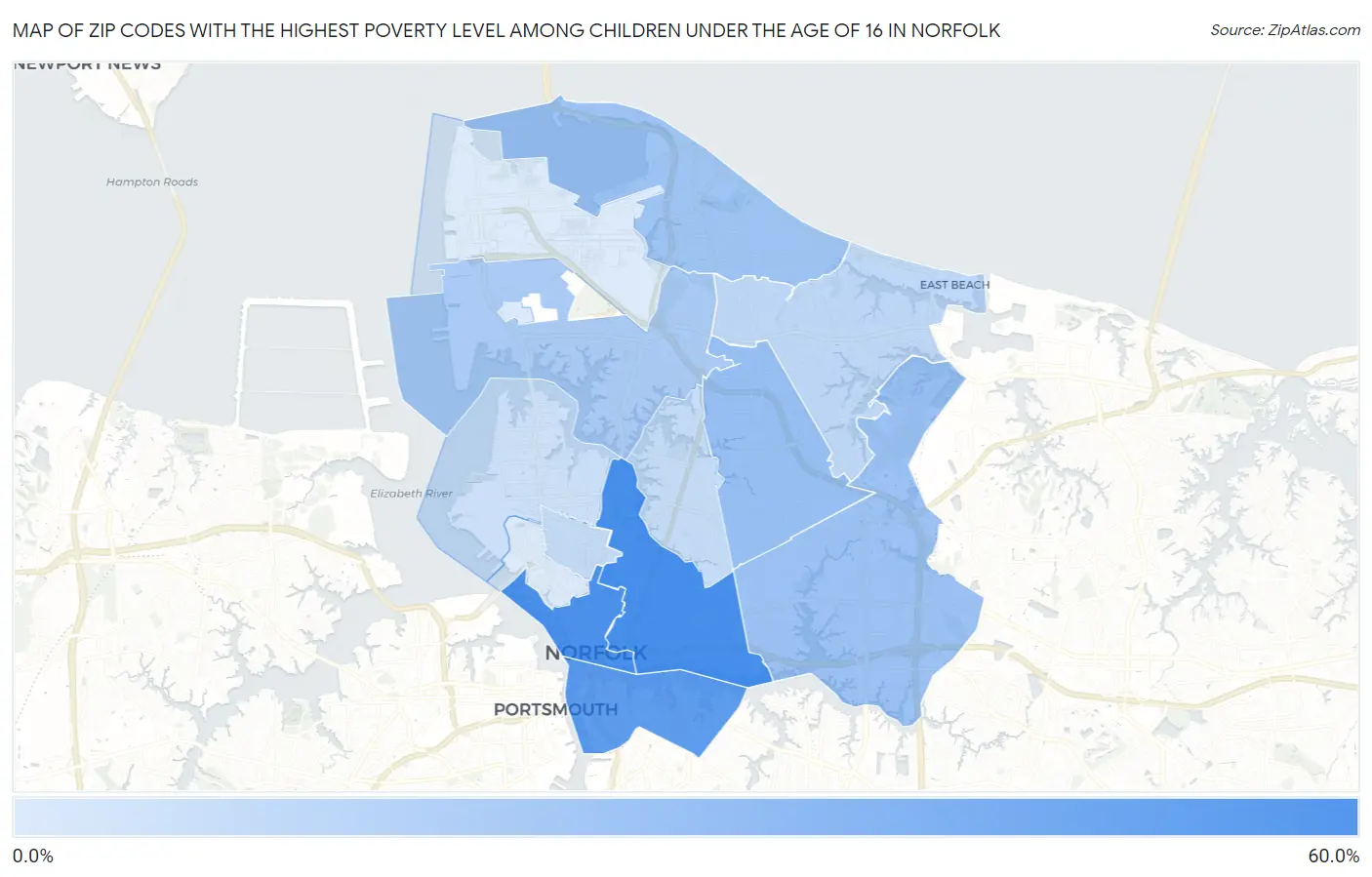 Zip Codes with the Highest Poverty Level Among Children Under the Age of 16 in Norfolk Map