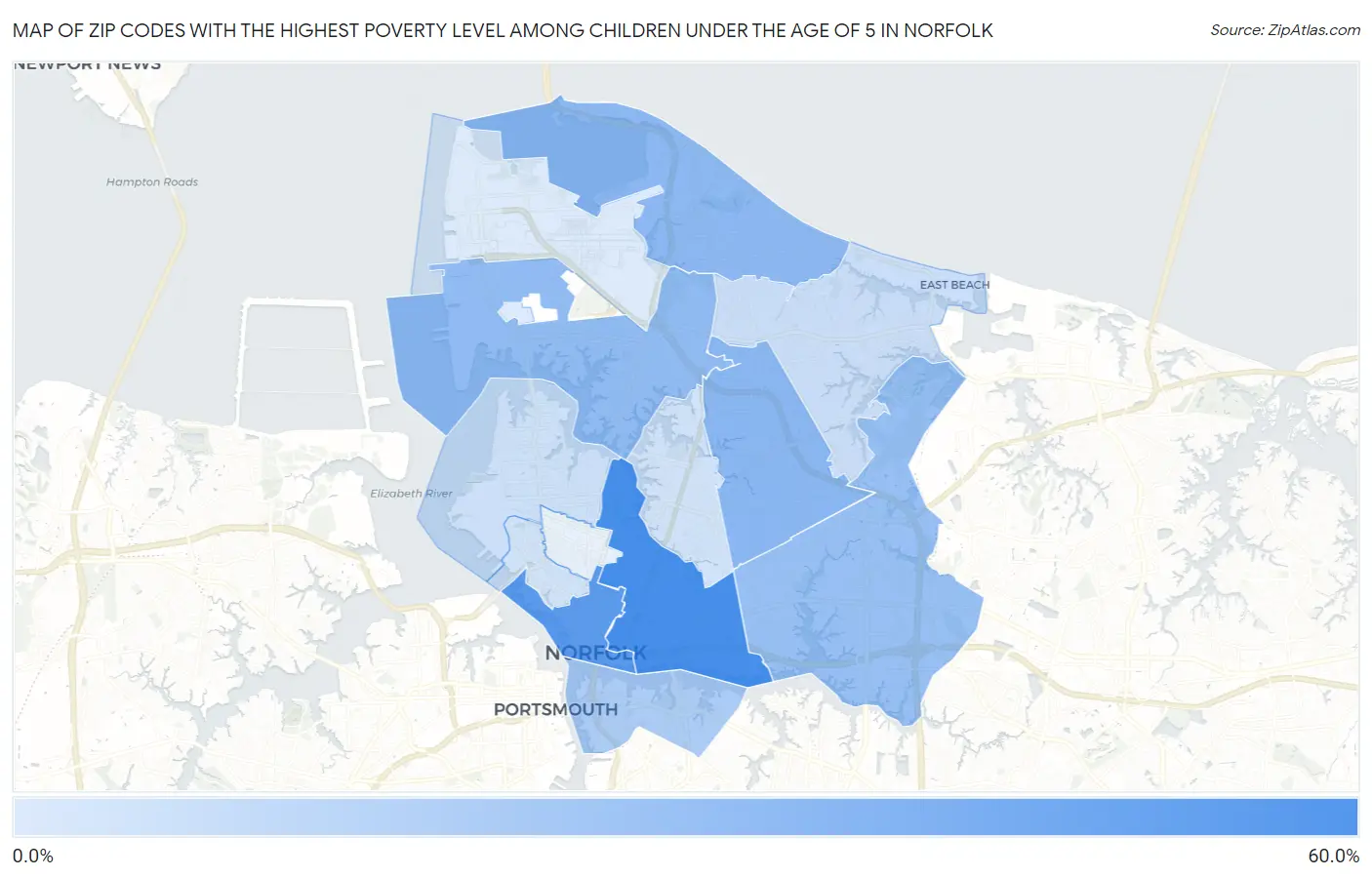 Zip Codes with the Highest Poverty Level Among Children Under the Age of 5 in Norfolk Map