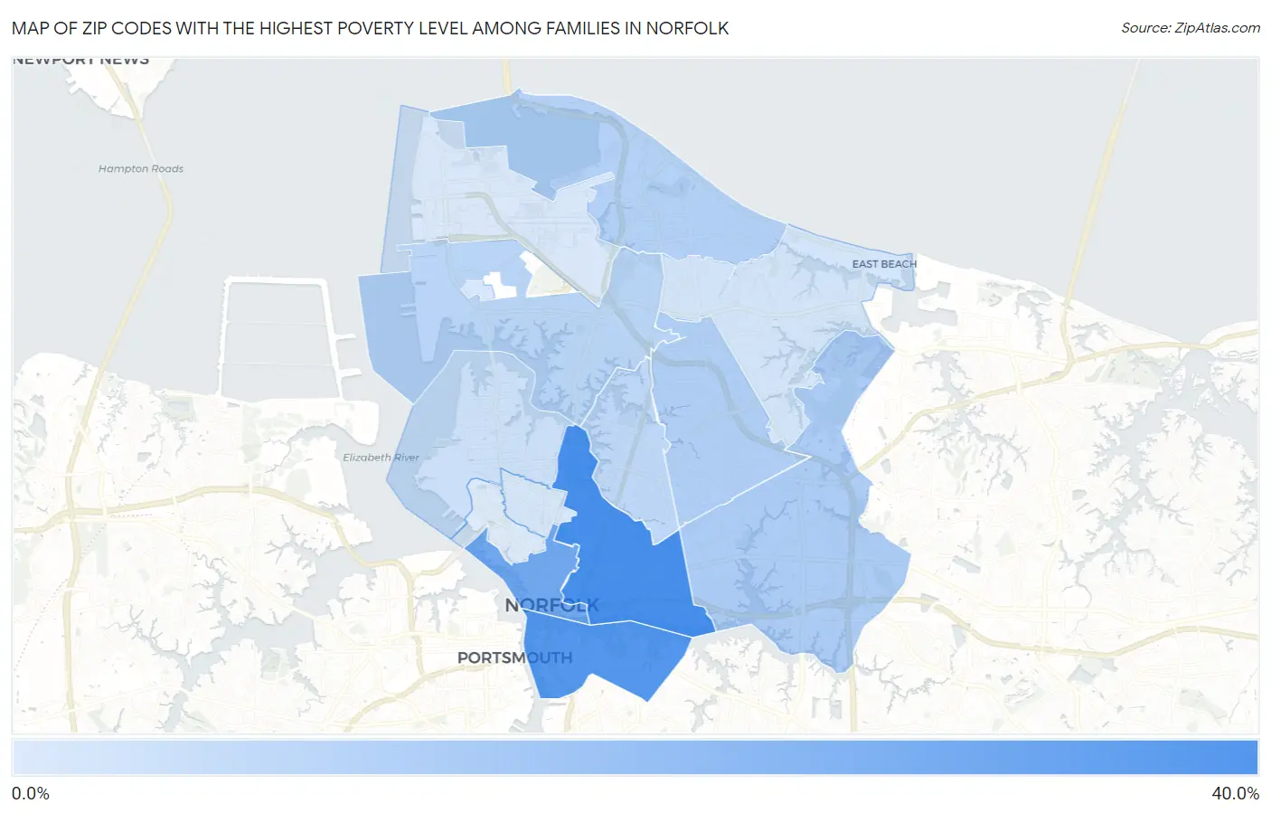 Zip Codes with the Highest Poverty Level Among Families in Norfolk Map