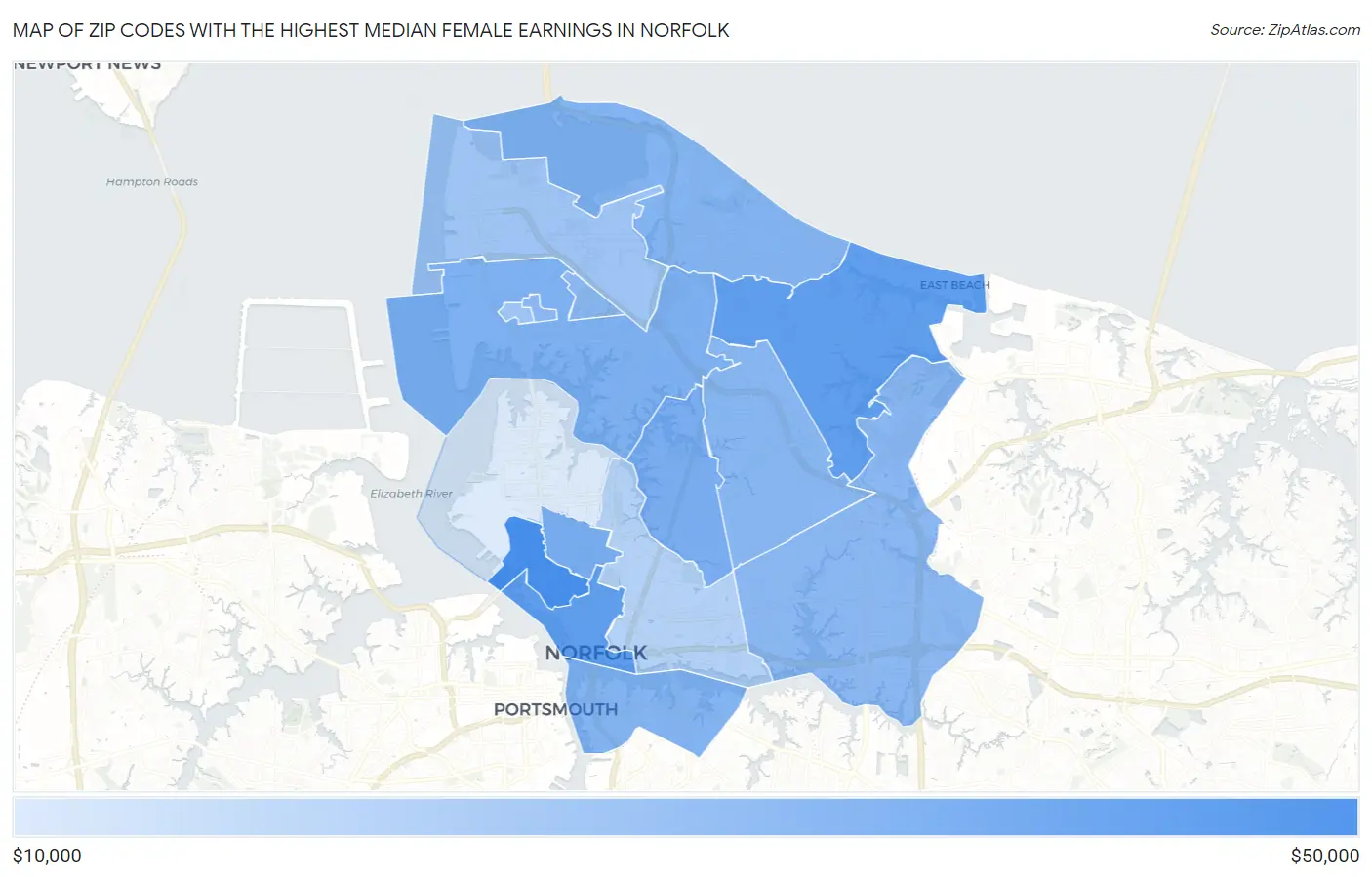 Zip Codes with the Highest Median Female Earnings in Norfolk Map