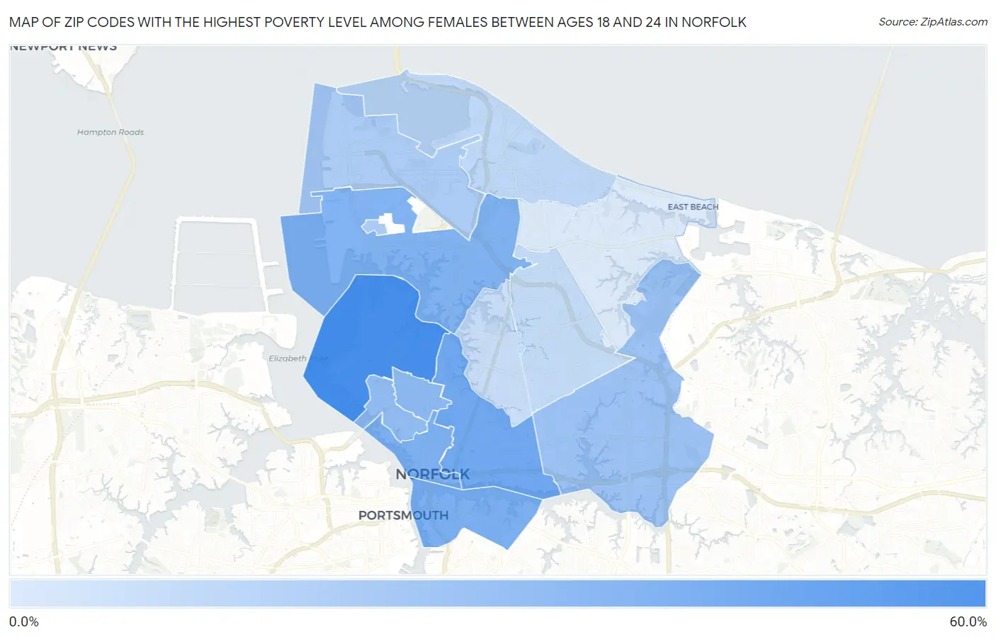Zip Codes with the Highest Poverty Level Among Females Between Ages 18 and 24 in Norfolk Map