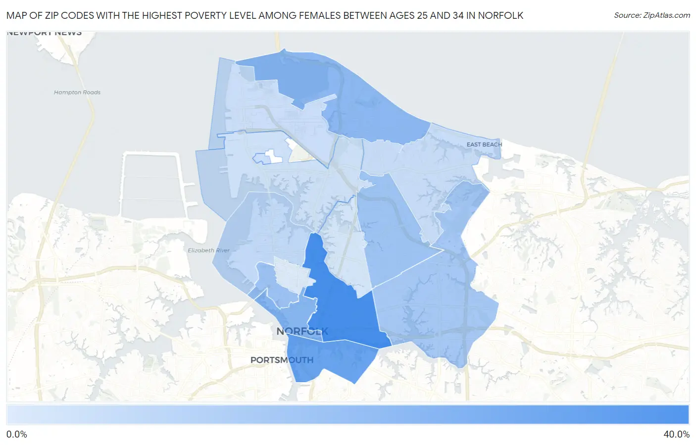 Zip Codes with the Highest Poverty Level Among Females Between Ages 25 and 34 in Norfolk Map