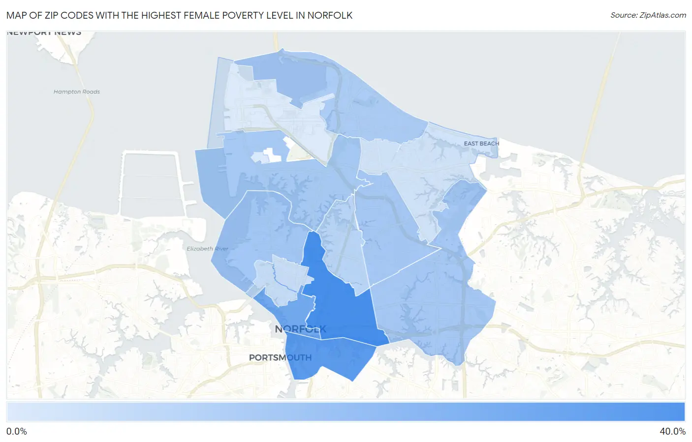 Zip Codes with the Highest Female Poverty Level in Norfolk Map