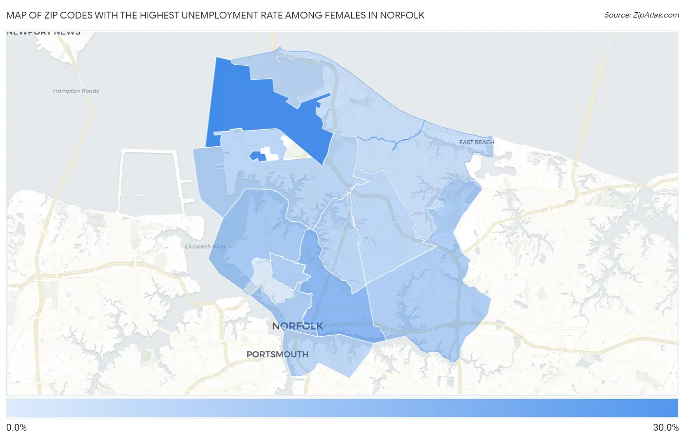 Zip Codes with the Highest Unemployment Rate Among Females in Norfolk Map