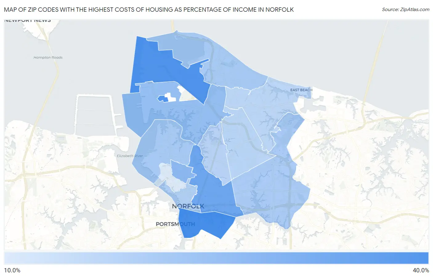 Zip Codes with the Highest Costs of Housing as Percentage of Income in Norfolk Map