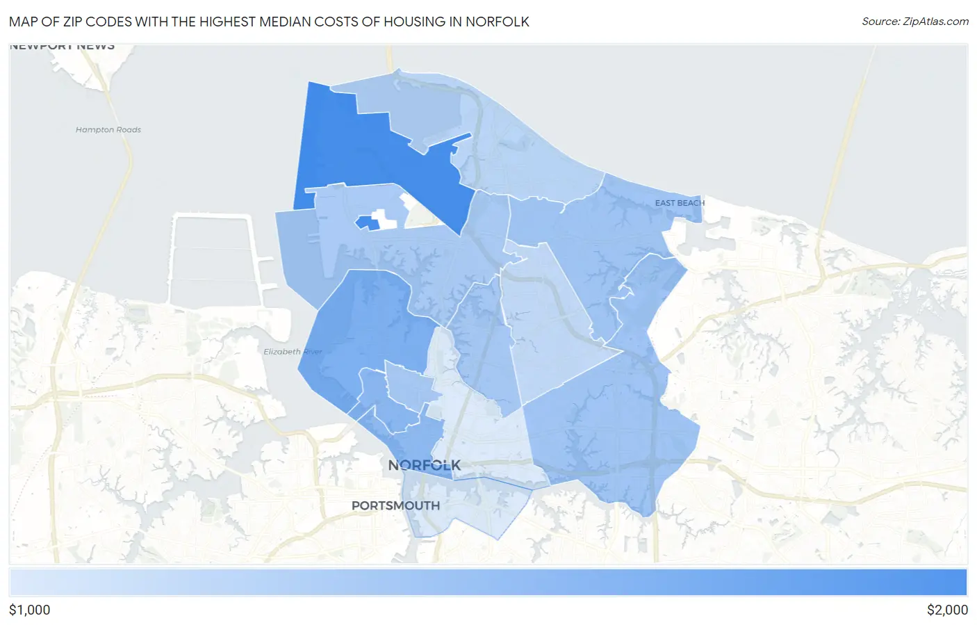 Zip Codes with the Highest Median Costs of Housing in Norfolk Map