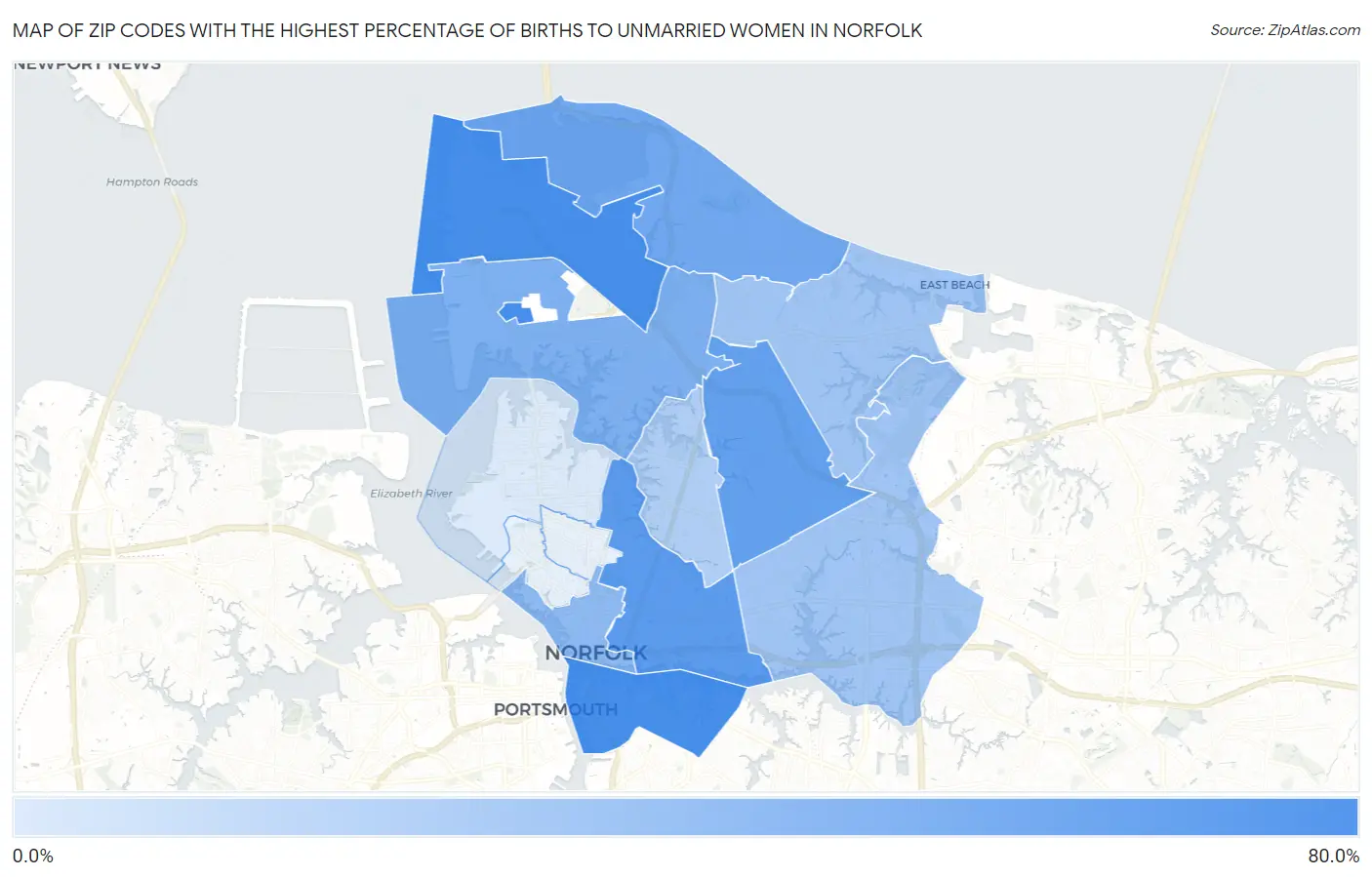 Zip Codes with the Highest Percentage of Births to Unmarried Women in Norfolk Map