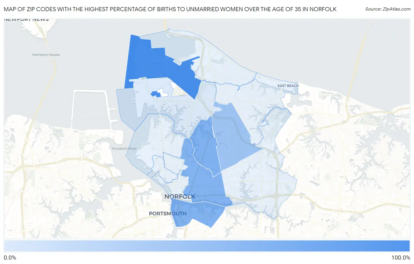 Zip Codes with the Highest Percentage of Births to Unmarried Women over the Age of 35 in Norfolk Map
