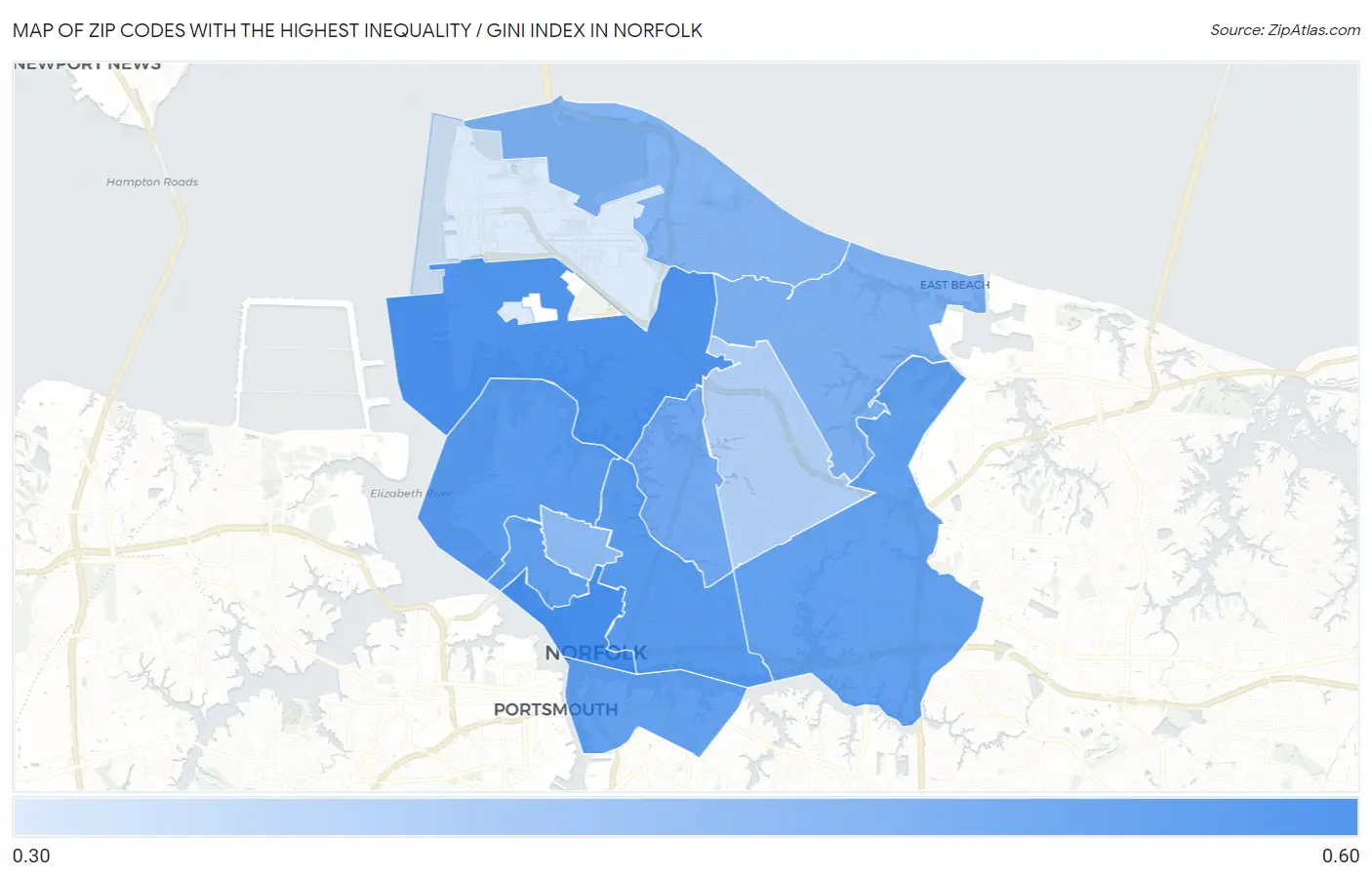 Zip Codes with the Highest Inequality / Gini Index in Norfolk Map