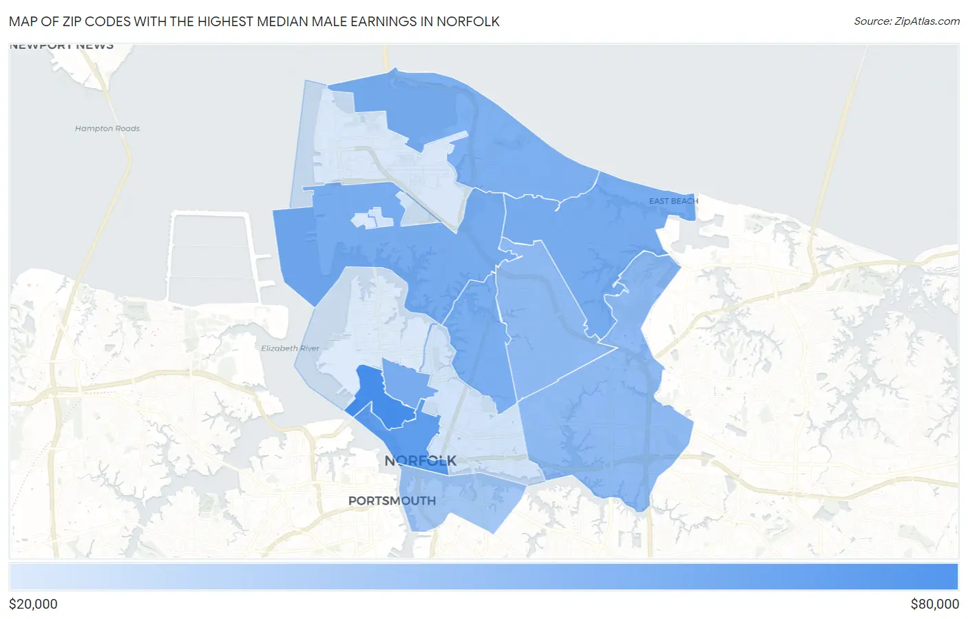 Zip Codes with the Highest Median Male Earnings in Norfolk Map
