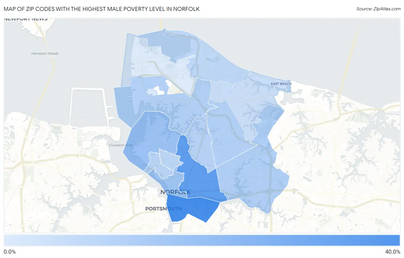 Zip Codes with the Highest Male Poverty Level in Norfolk Map
