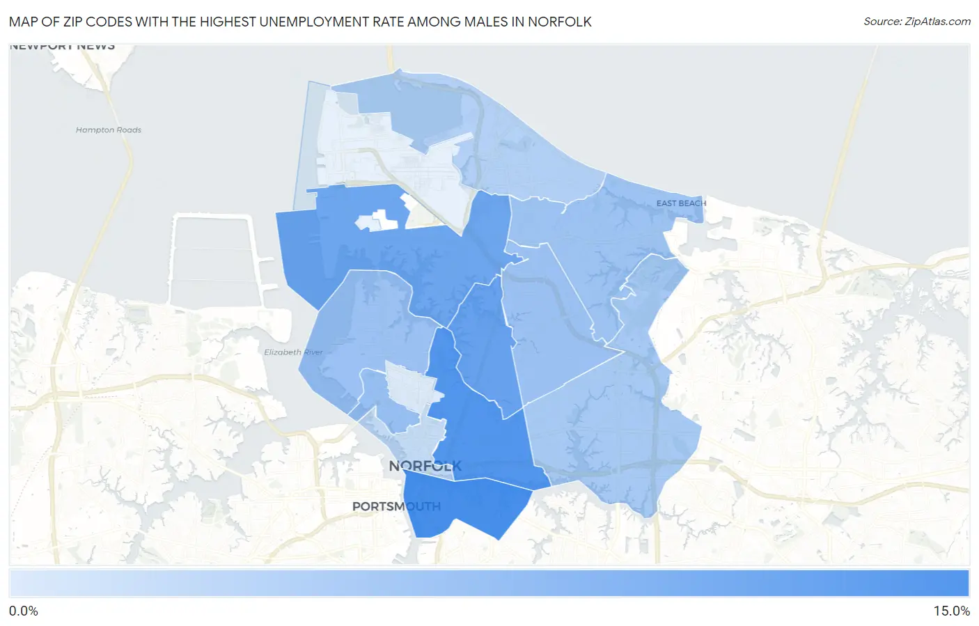 Zip Codes with the Highest Unemployment Rate Among Males in Norfolk Map