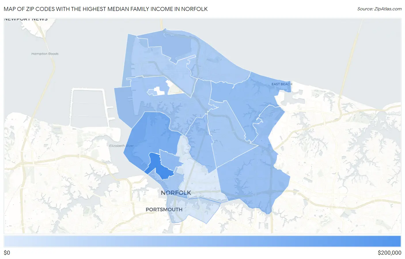 Zip Codes with the Highest Median Family Income in Norfolk Map