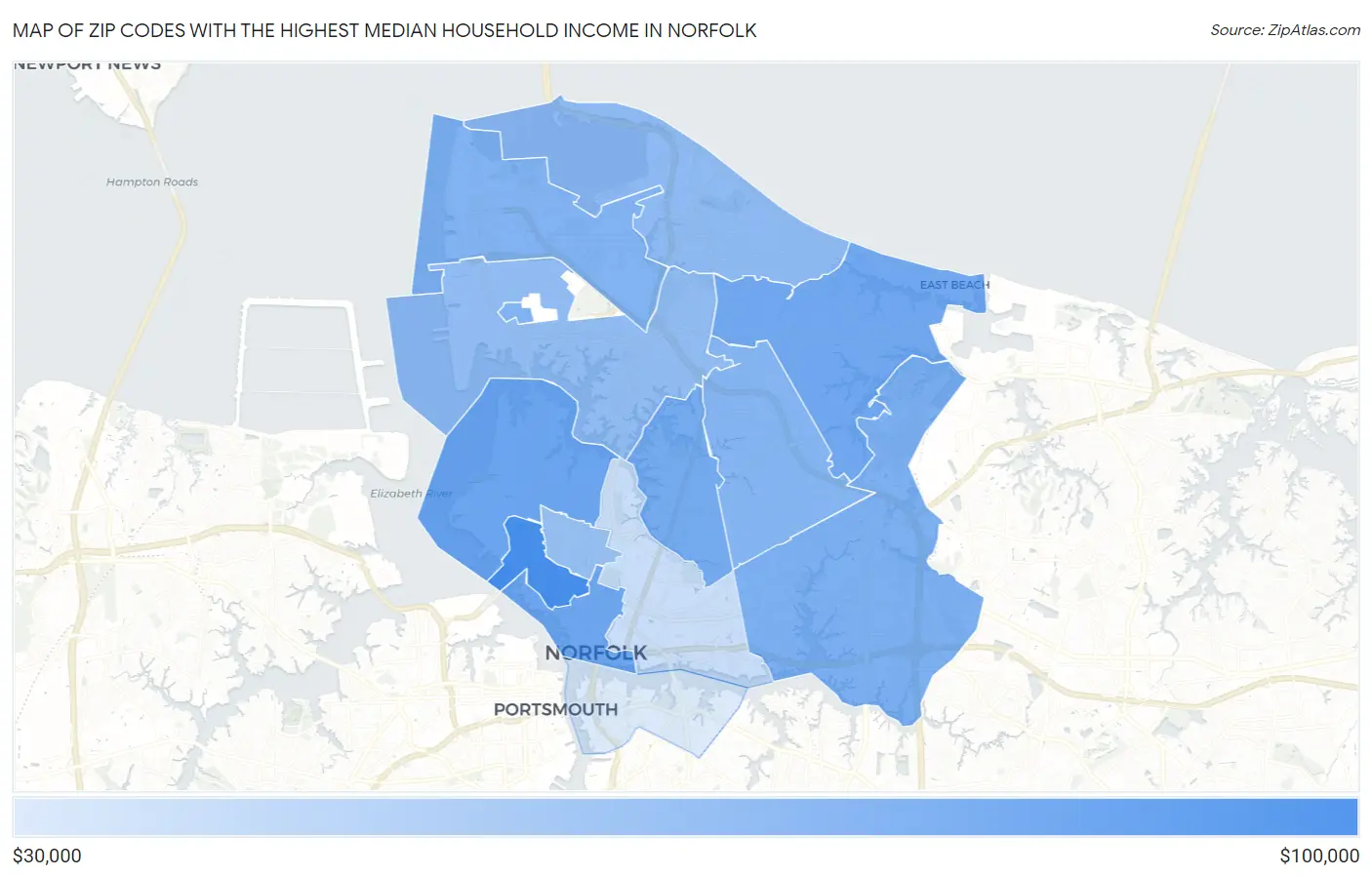 Zip Codes with the Highest Median Household Income in Norfolk Map