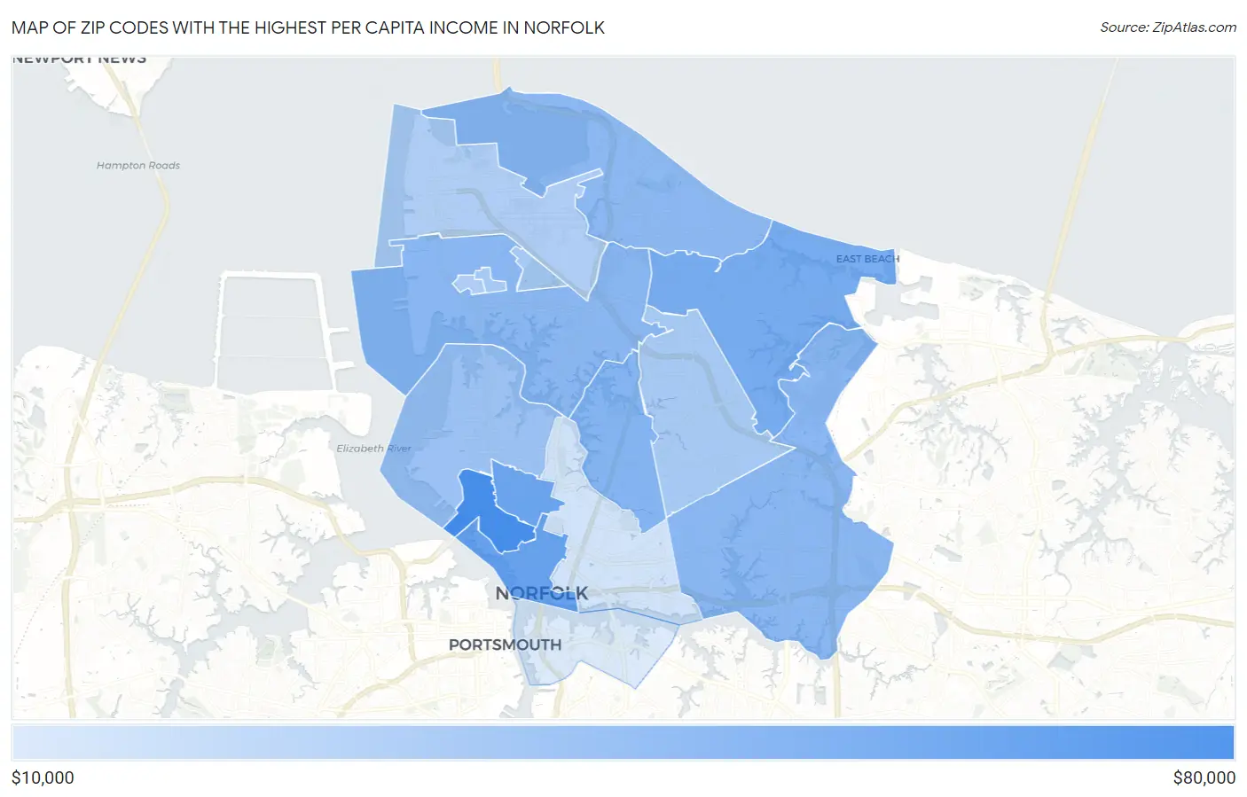 Zip Codes with the Highest Per Capita Income in Norfolk Map