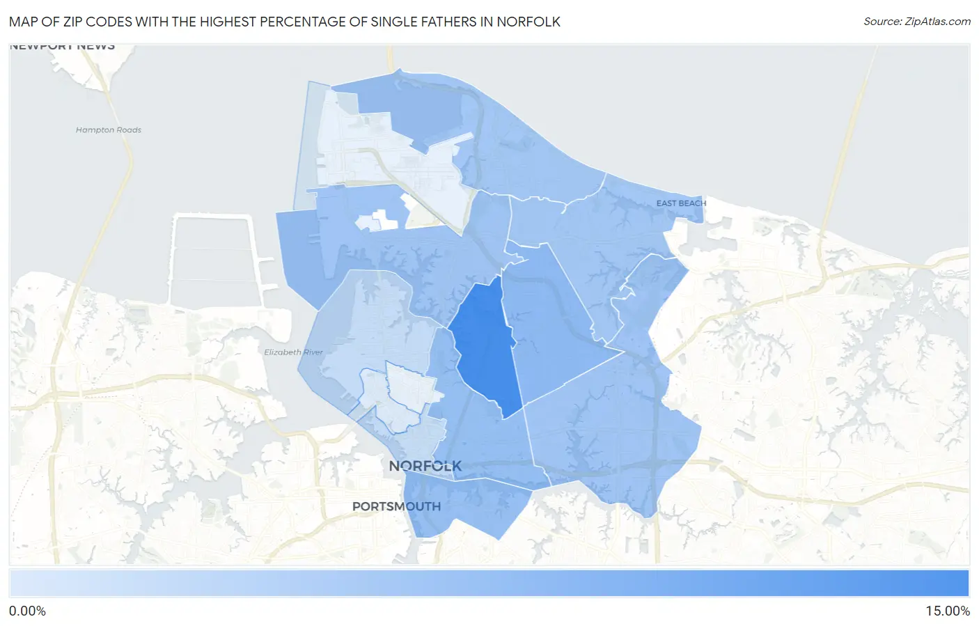 Zip Codes with the Highest Percentage of Single Fathers in Norfolk Map
