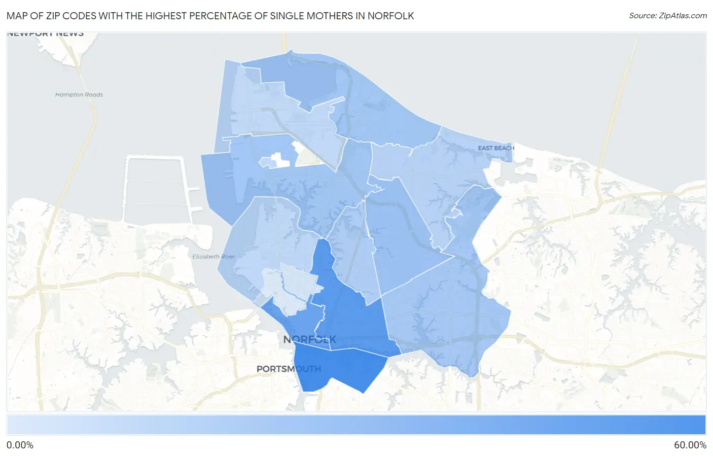 Zip Codes with the Highest Percentage of Single Mothers in Norfolk Map