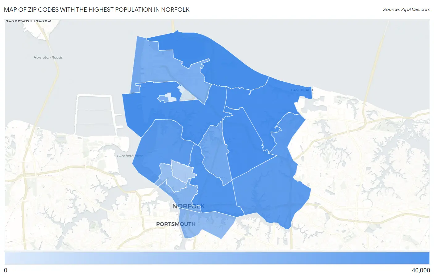 Zip Codes with the Highest Population in Norfolk Map