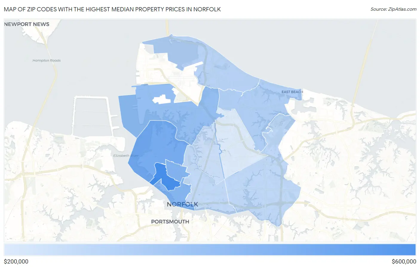 Zip Codes with the Highest Median Property Prices in Norfolk Map