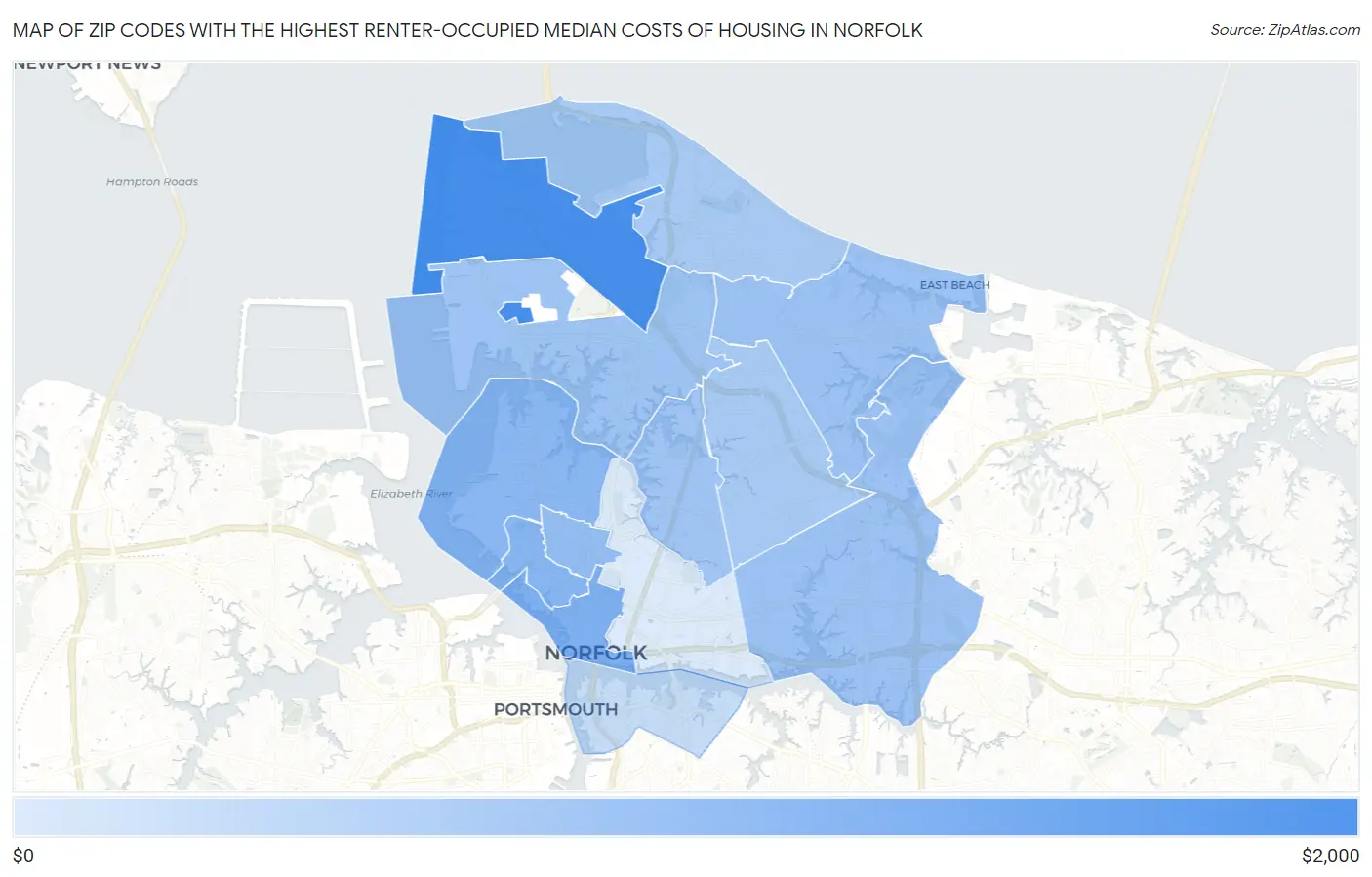 Zip Codes with the Highest Renter-Occupied Median Costs of Housing in Norfolk Map