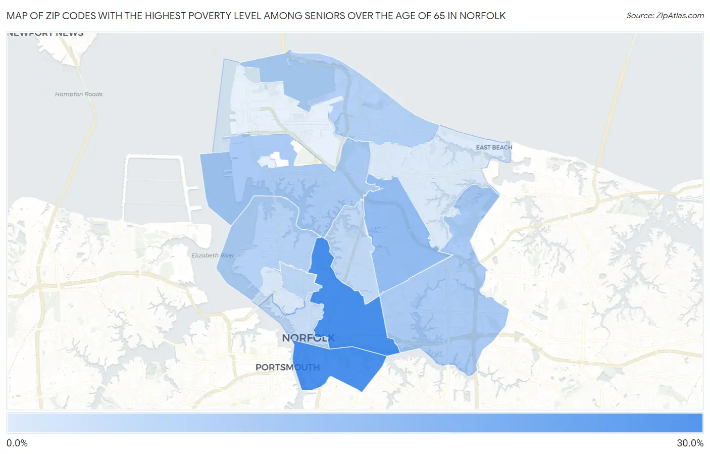 Zip Codes with the Highest Poverty Level Among Seniors Over the Age of 65 in Norfolk Map