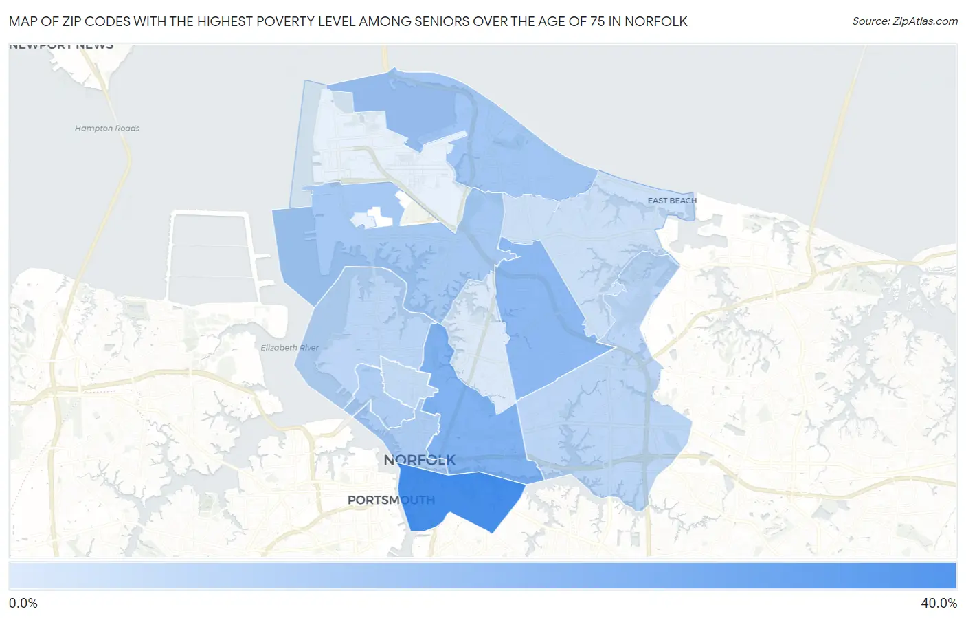 Zip Codes with the Highest Poverty Level Among Seniors Over the Age of 75 in Norfolk Map