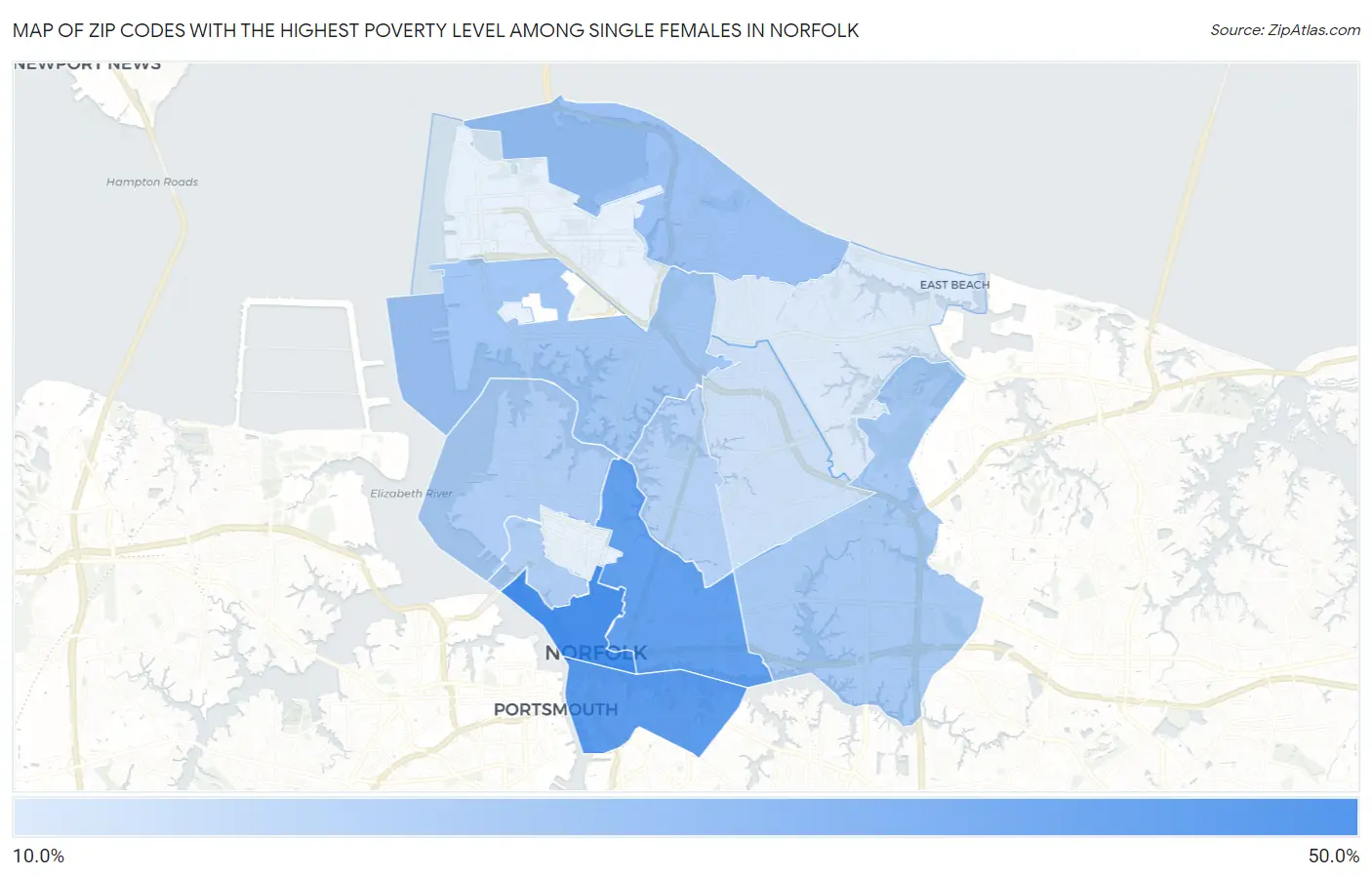 Zip Codes with the Highest Poverty Level Among Single Females in Norfolk Map