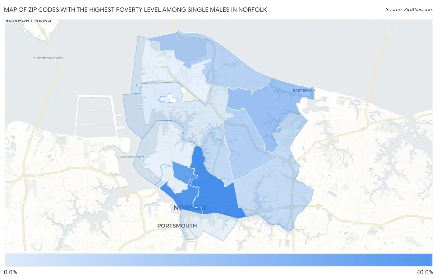 Zip Codes with the Highest Poverty Level Among Single Males in Norfolk Map