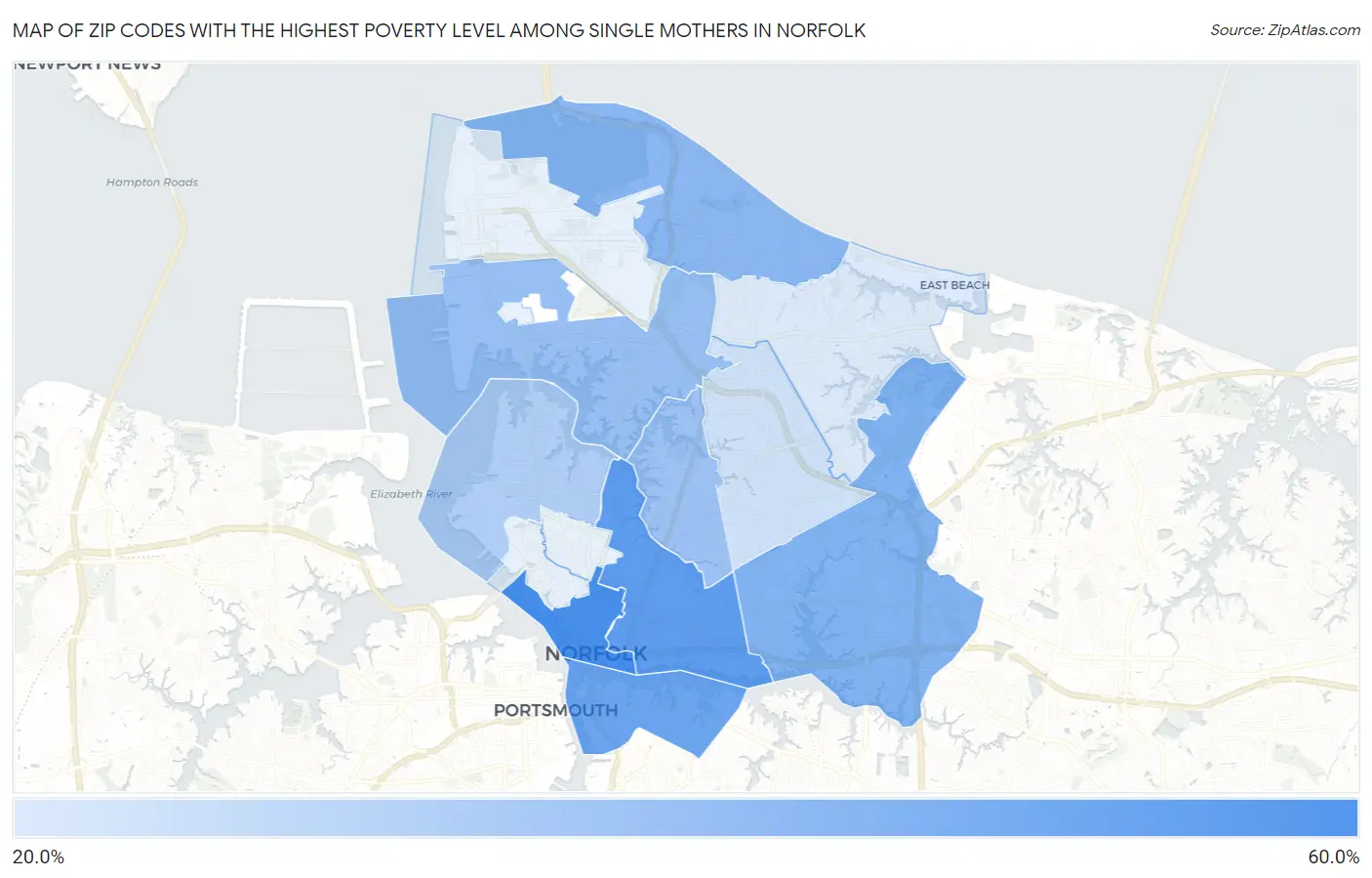 Zip Codes with the Highest Poverty Level Among Single Mothers in Norfolk Map
