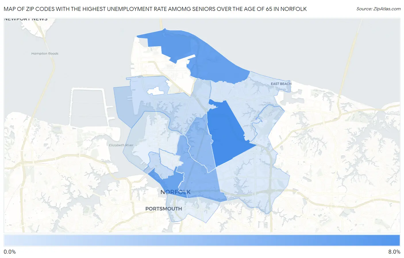 Zip Codes with the Highest Unemployment Rate Amomg Seniors Over the Age of 65 in Norfolk Map
