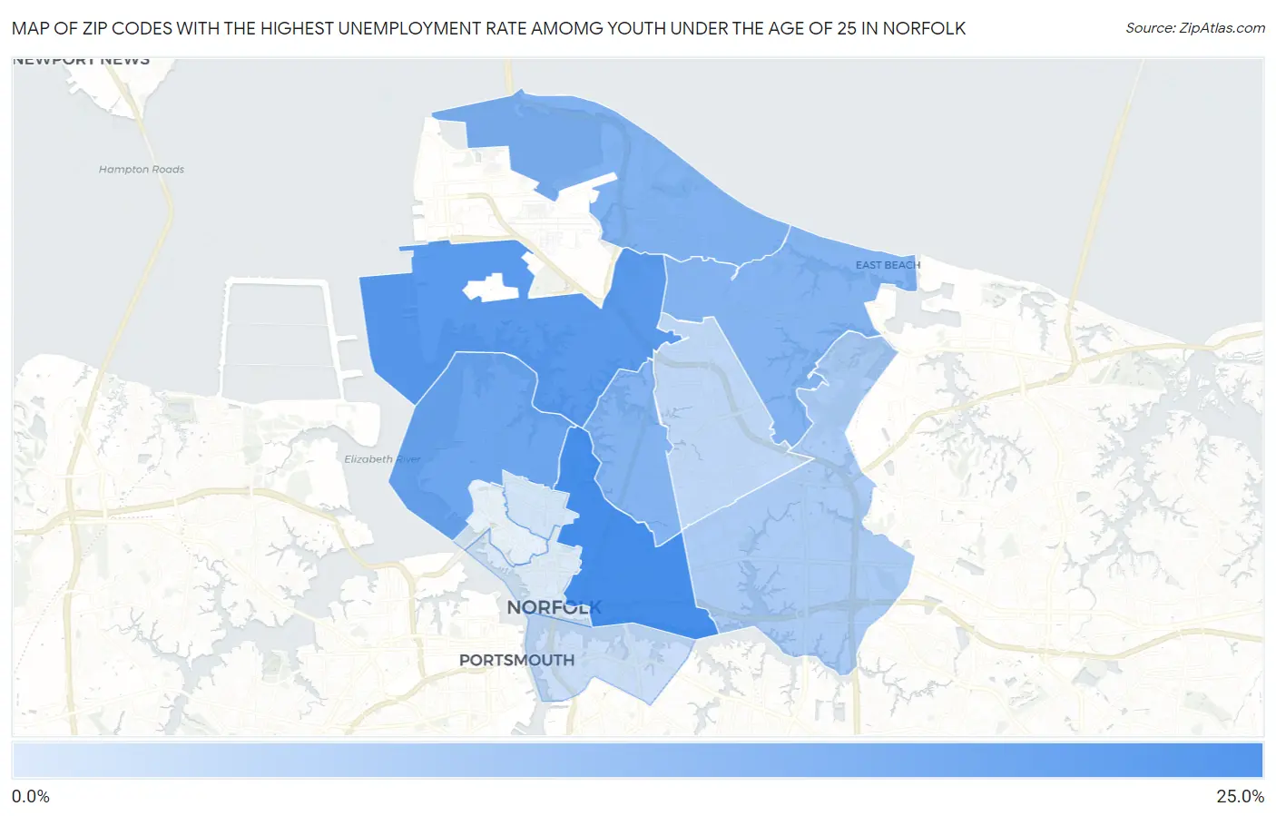 Zip Codes with the Highest Unemployment Rate Amomg Youth Under the Age of 25 in Norfolk Map