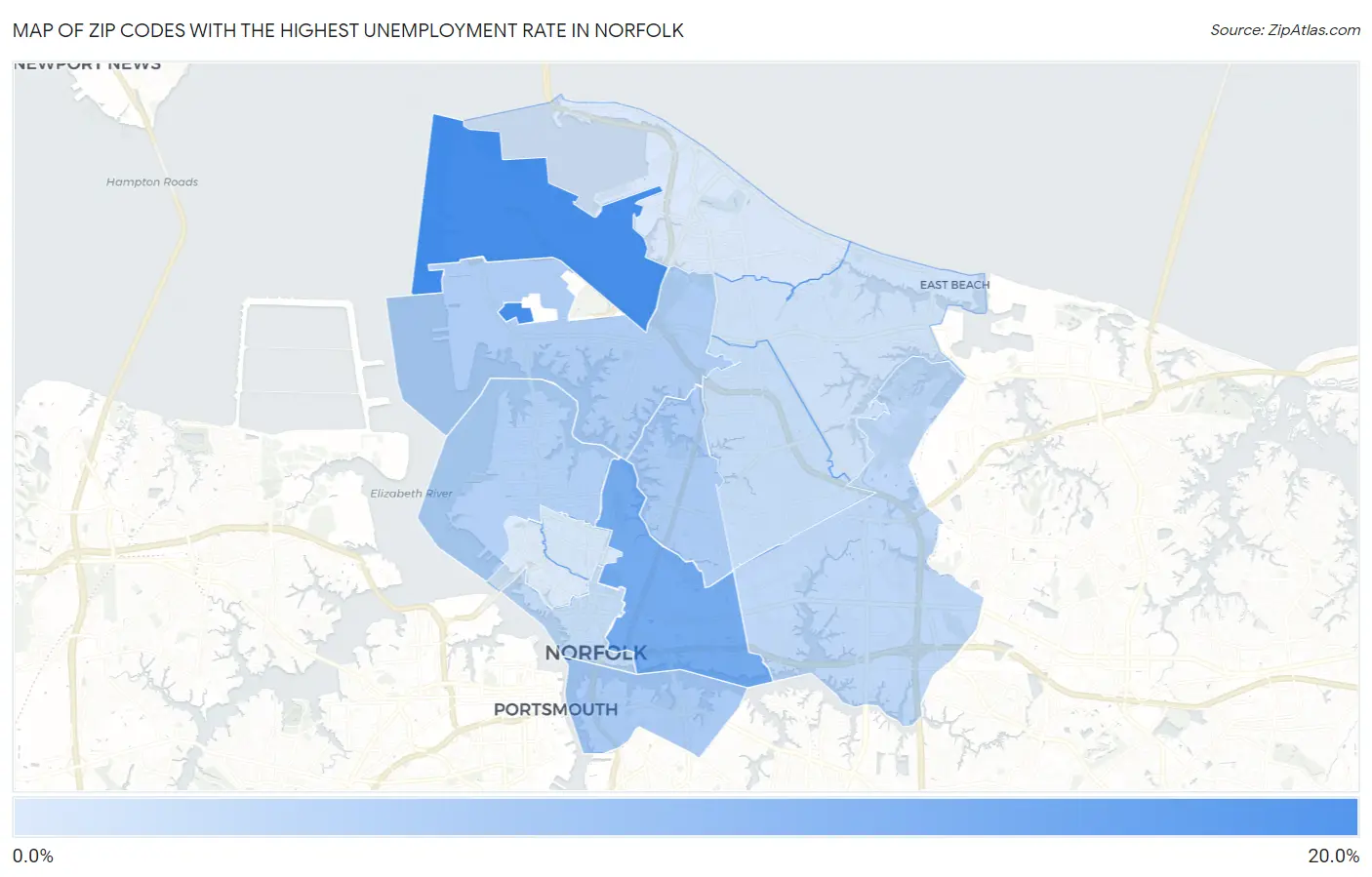 Zip Codes with the Highest Unemployment Rate in Norfolk Map