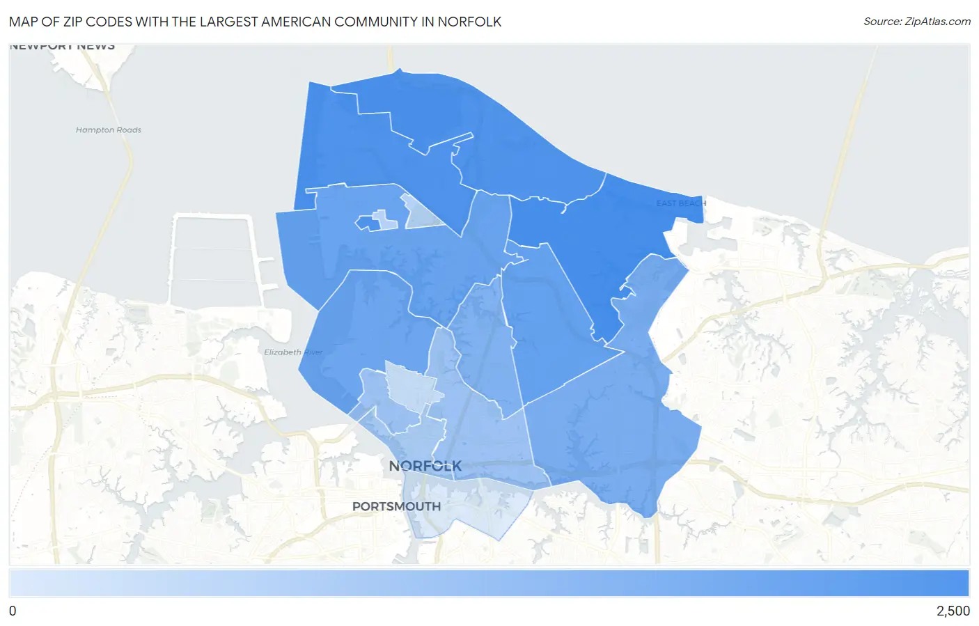 Zip Codes with the Largest American Community in Norfolk Map