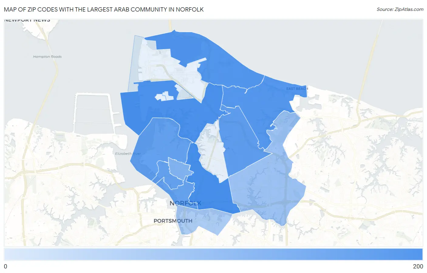 Zip Codes with the Largest Arab Community in Norfolk Map