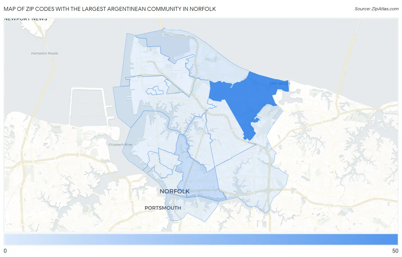 Zip Codes with the Largest Argentinean Community in Norfolk Map