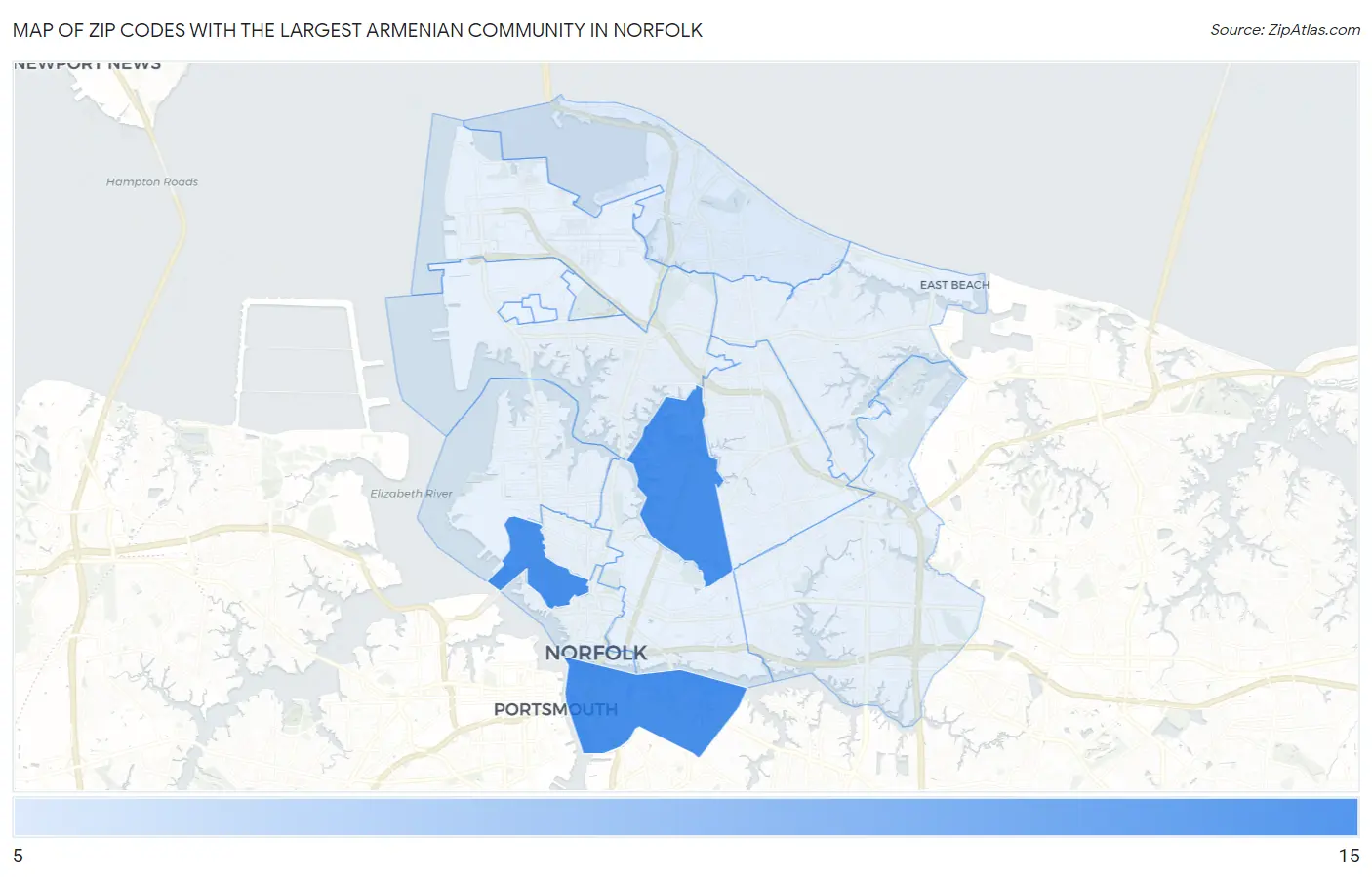 Zip Codes with the Largest Armenian Community in Norfolk Map