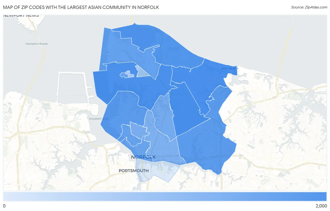 Zip Codes with the Largest Asian Community in Norfolk Map