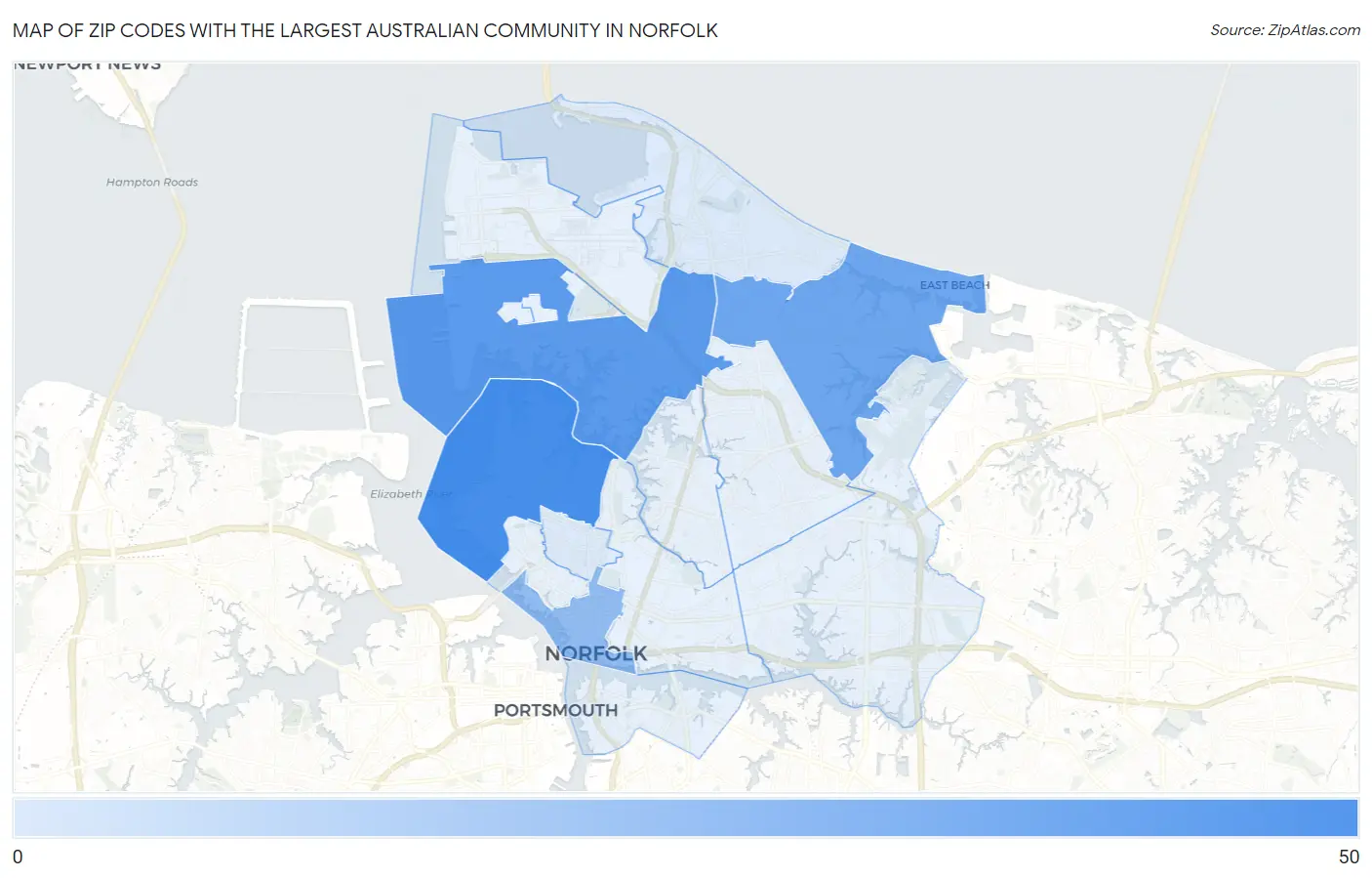 Zip Codes with the Largest Australian Community in Norfolk Map