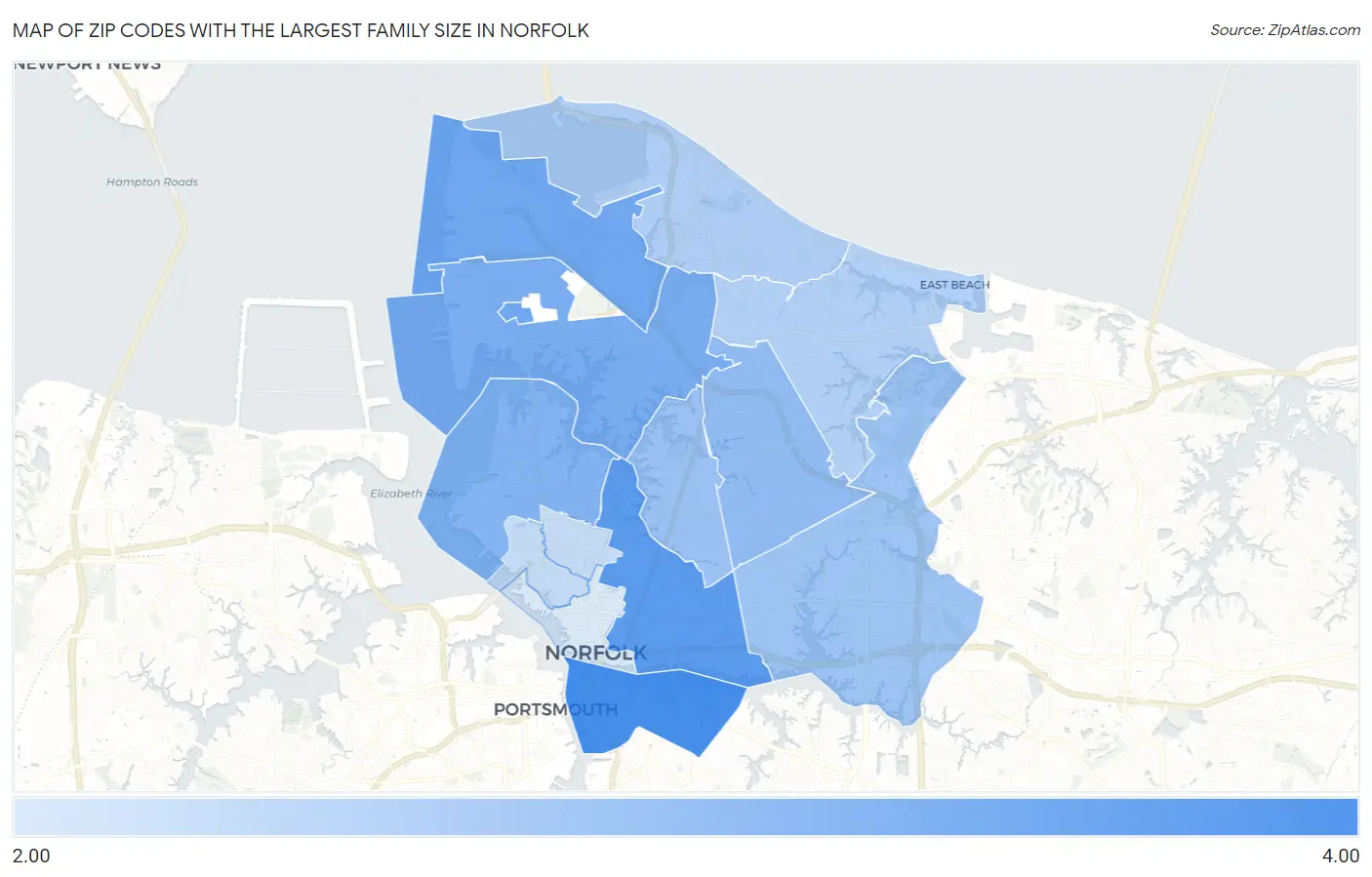Zip Codes with the Largest Family Size in Norfolk Map
