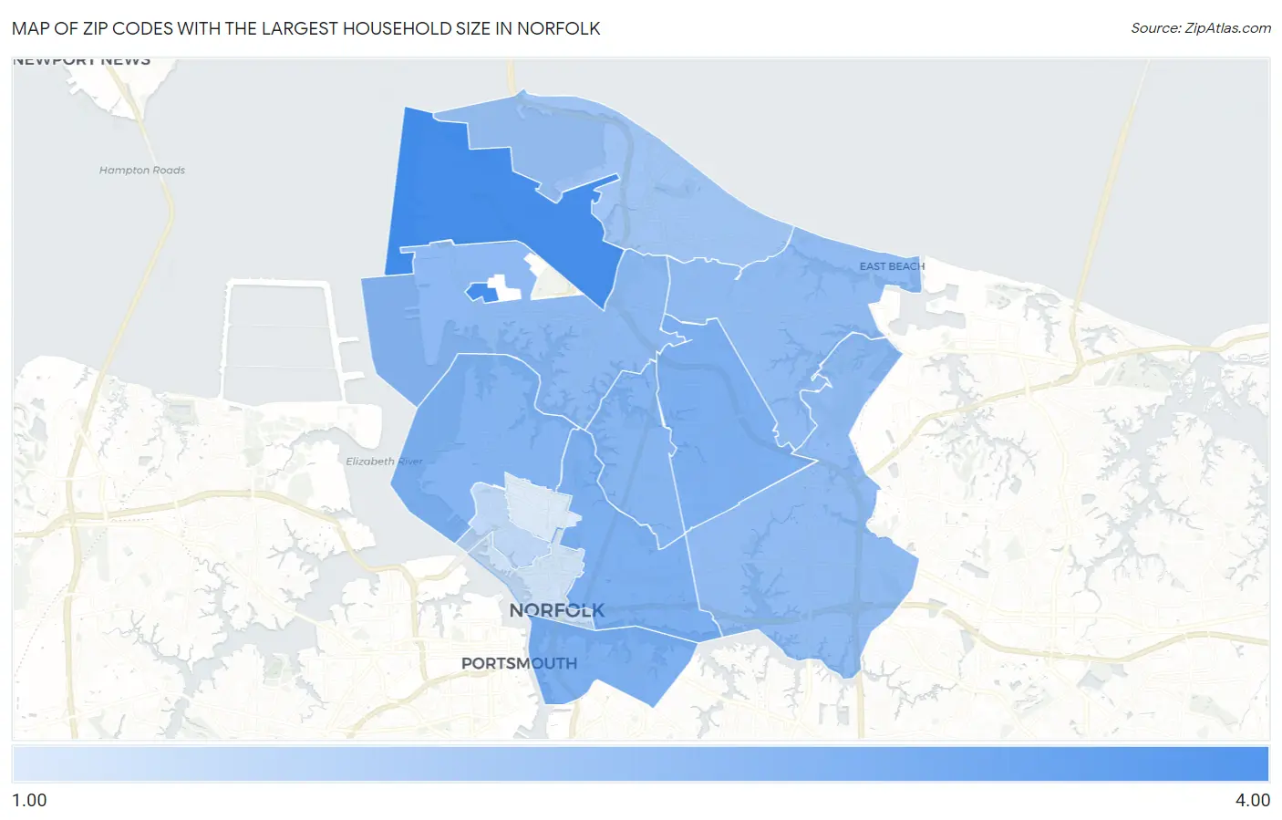 Zip Codes with the Largest Household Size in Norfolk Map