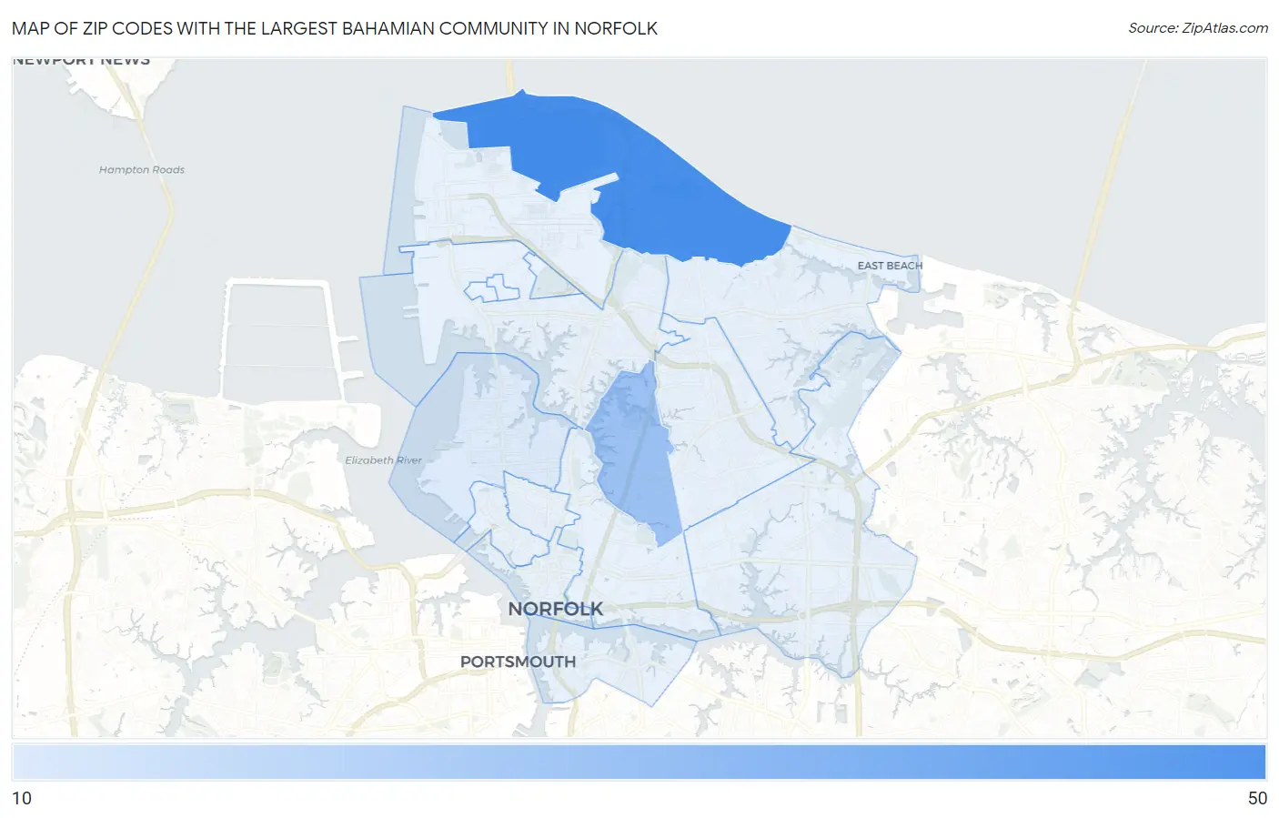 Zip Codes with the Largest Bahamian Community in Norfolk Map