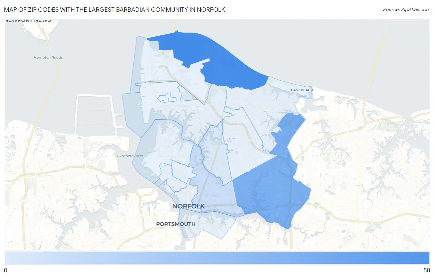 Zip Codes with the Largest Barbadian Community in Norfolk Map