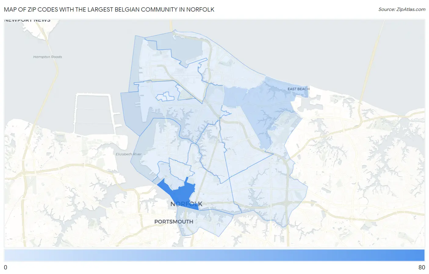 Zip Codes with the Largest Belgian Community in Norfolk Map