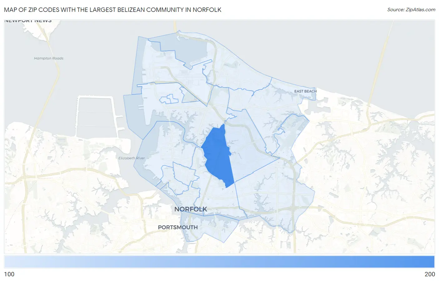 Zip Codes with the Largest Belizean Community in Norfolk Map