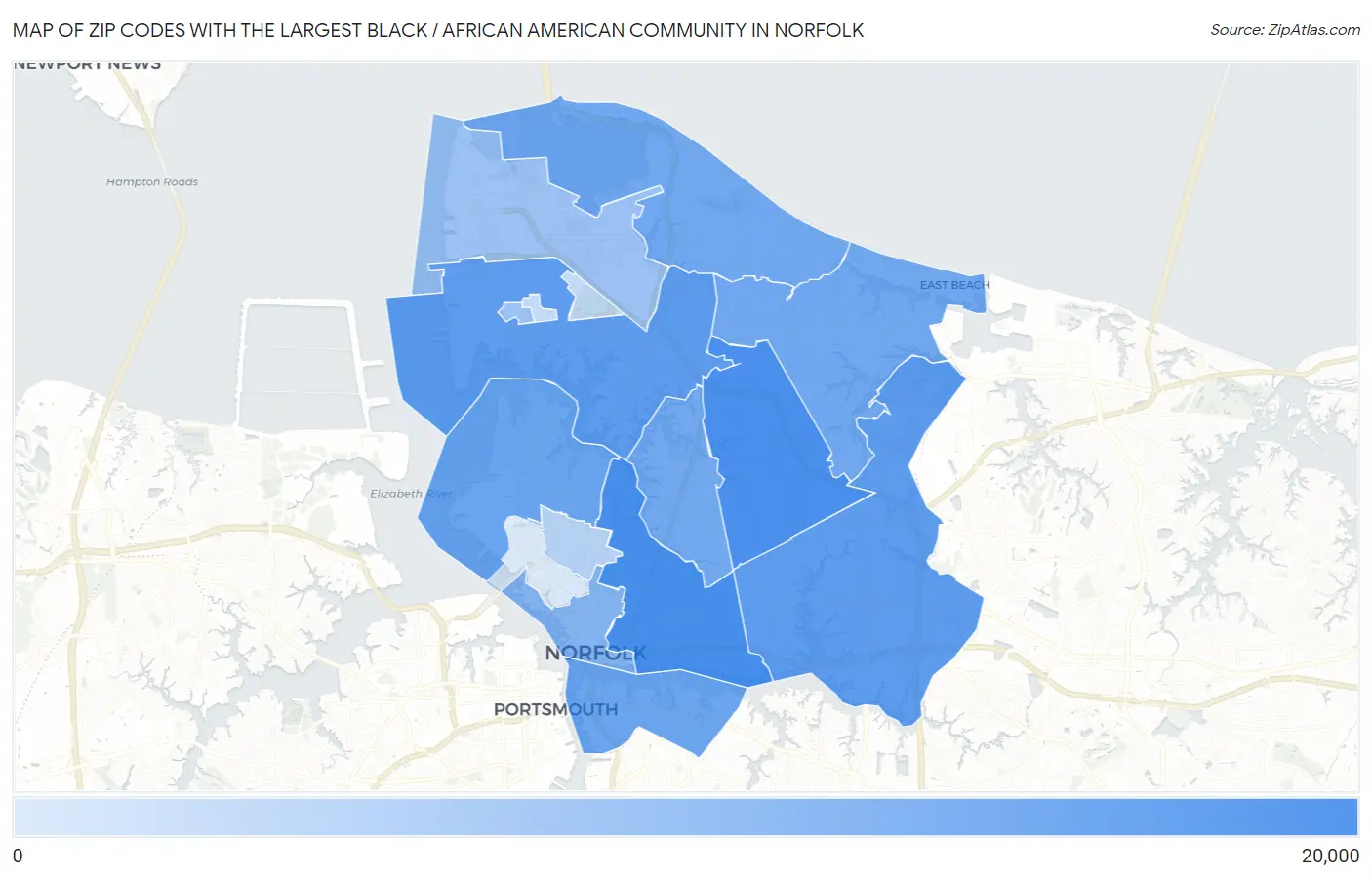 Zip Codes with the Largest Black / African American Community in Norfolk Map