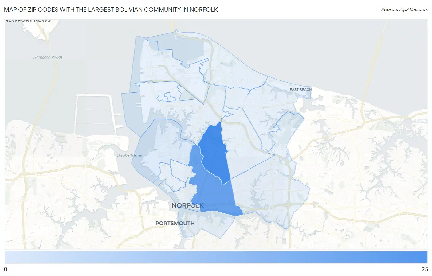 Zip Codes with the Largest Bolivian Community in Norfolk Map