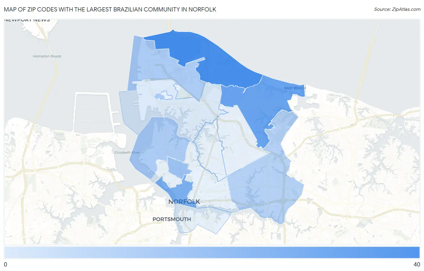 Zip Codes with the Largest Brazilian Community in Norfolk Map