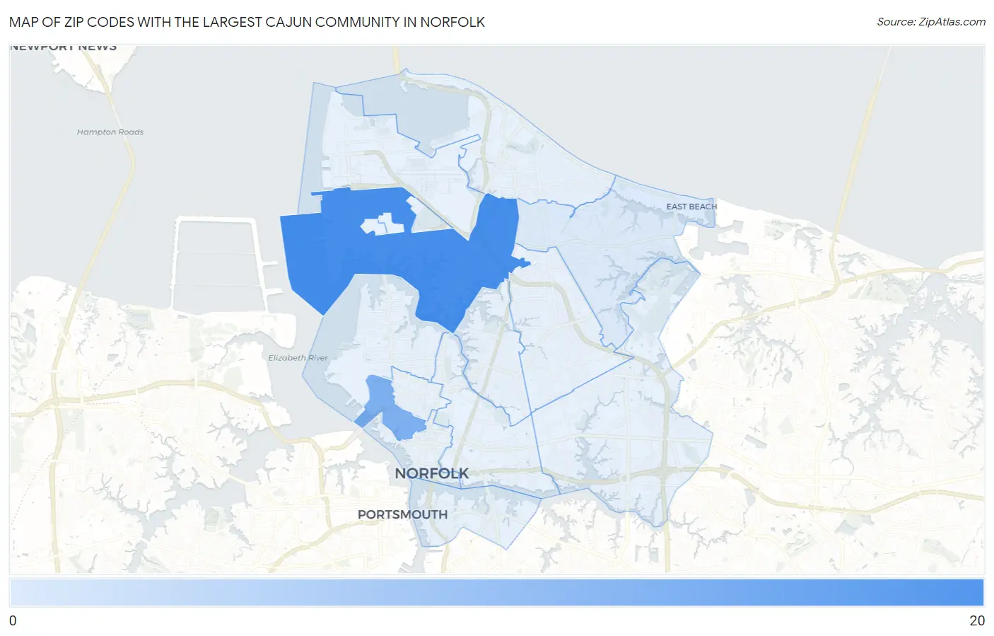Zip Codes with the Largest Cajun Community in Norfolk Map