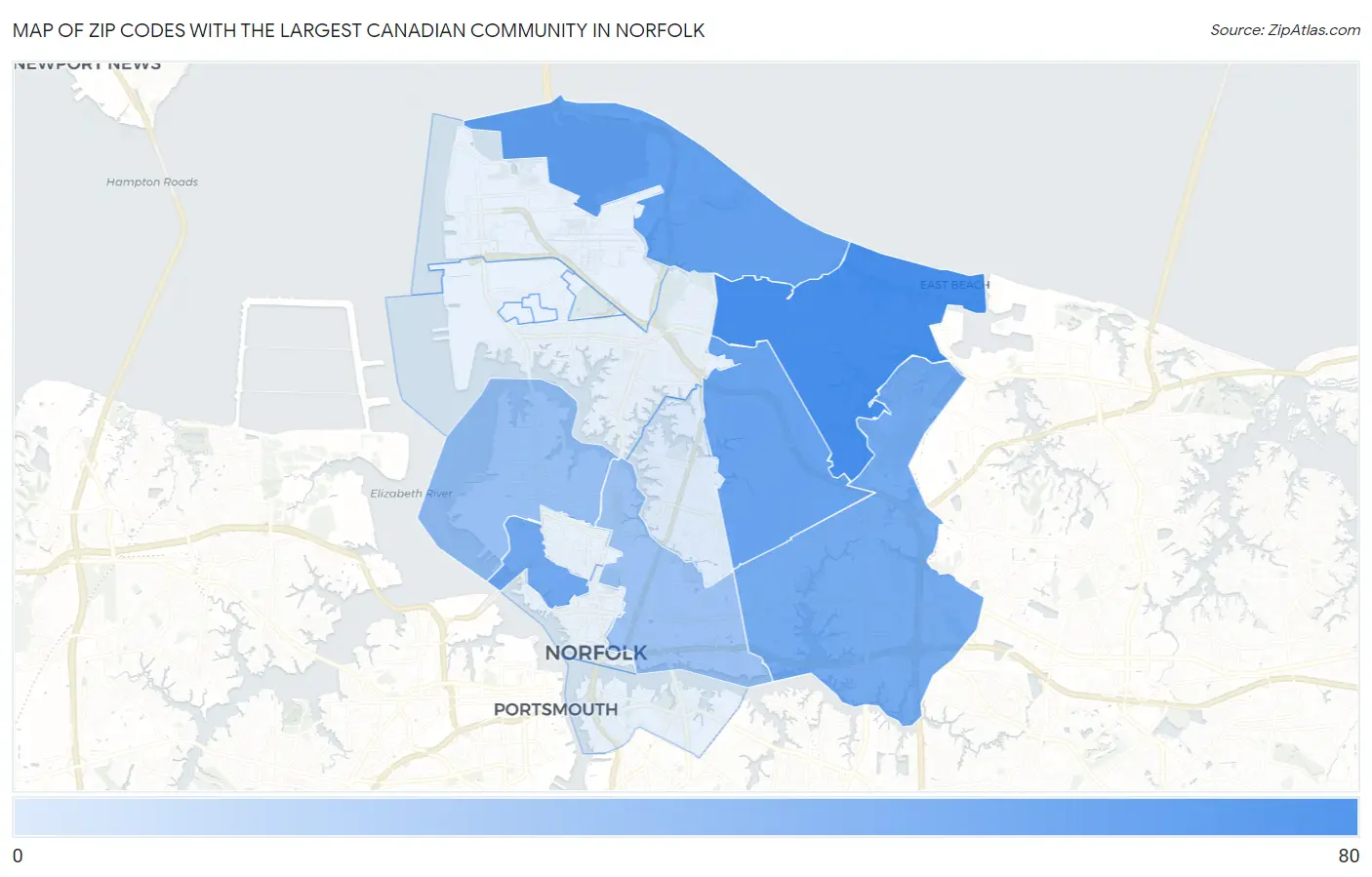 Zip Codes with the Largest Canadian Community in Norfolk Map